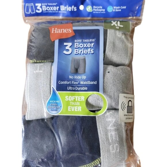 Boys Hanes Tagless Boxer Briefs Comfort Flex Waistband XL (18) 3-Pack BLK/GR BTS - Picture 1 of 5